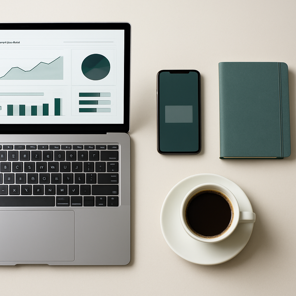 Minimal workspace with a laptop showing a marketing dashboard